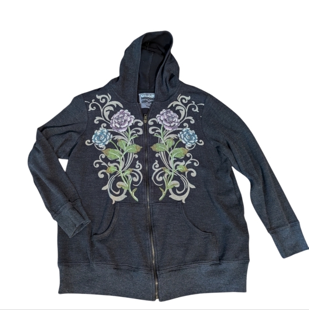 Y2K Avenue gray Hoodie waffle knit bling studded floral pattern rare Sz XL - Picture 8 of 11